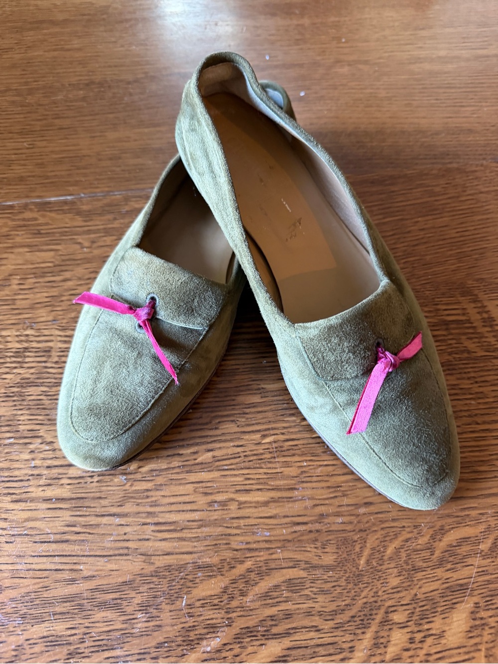 J. Crew Olive Suede Loafers with burgundy Ribbon Detail